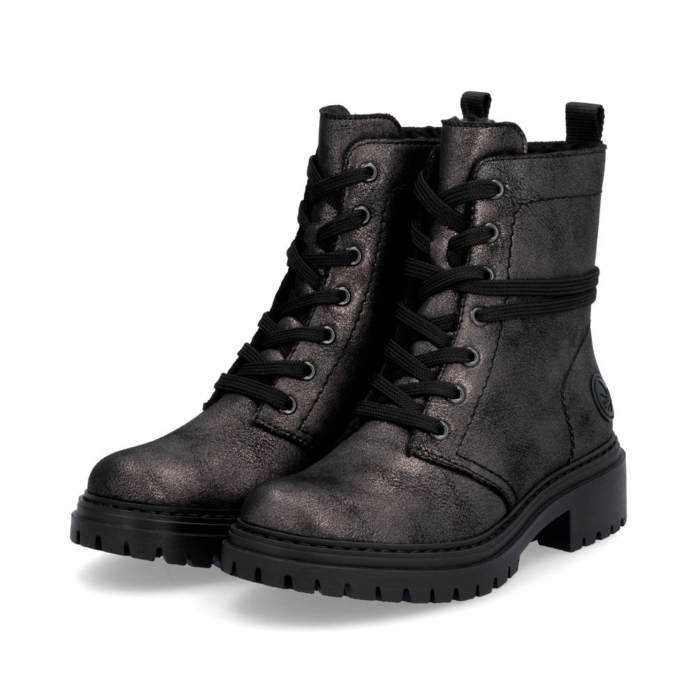 Carbon black Rieker women´s lace-up boots 72675-00 with a zipper. Shoes laterally.