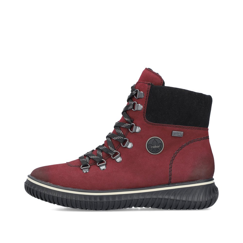 Red Rieker women´s lace-up boots 74247-35 with RiekerTEX membrane as well as zipper. Outside of the shoe.