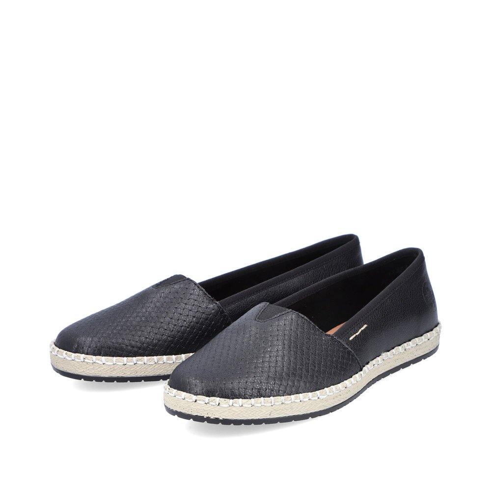 Jet black Rieker women´s ballerinas M2271-01 with an elastic insert. Shoes laterally.