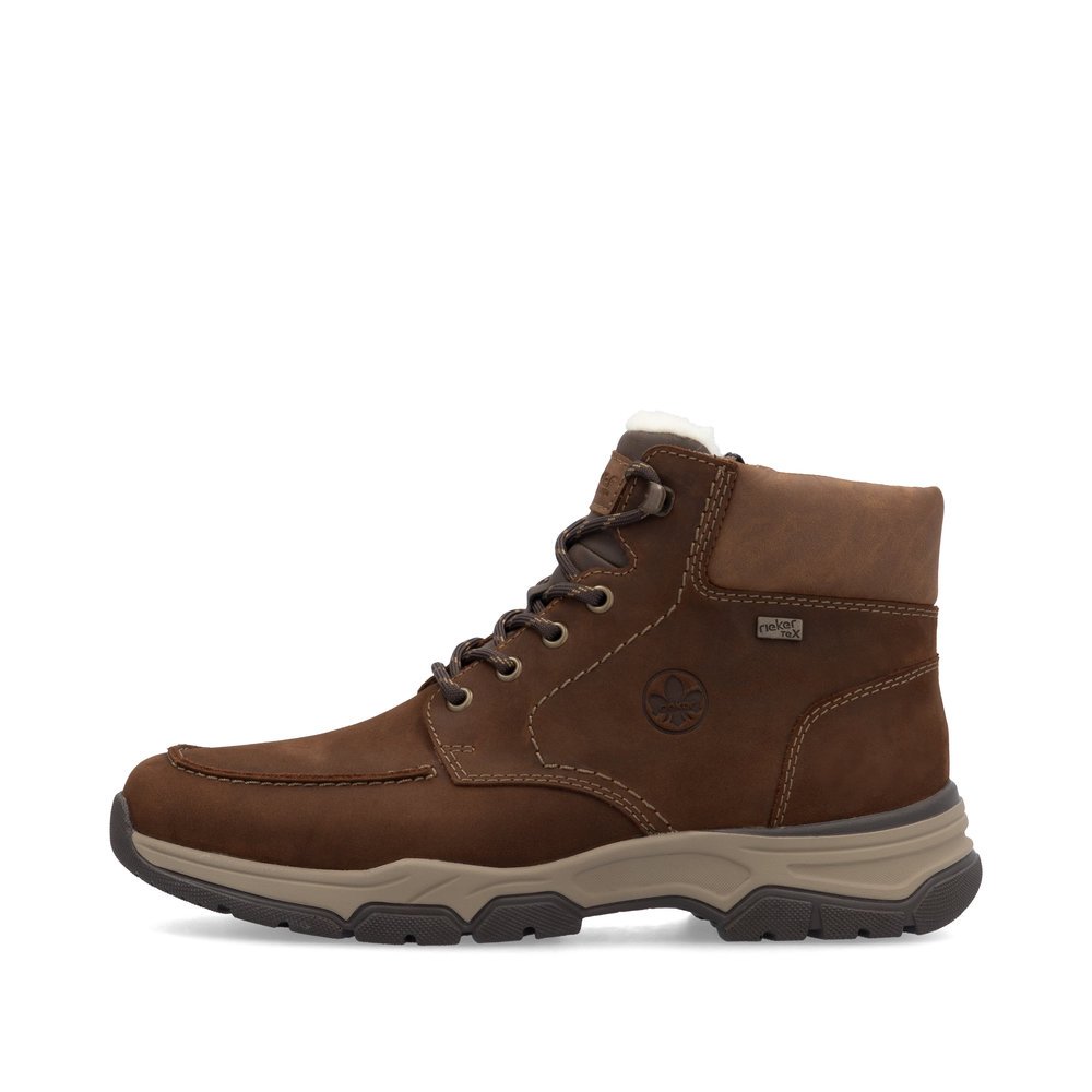 Brown Rieker men´s lace-up boots 31240-22 with RiekerTEX membrane as well as zipper. Outside of the shoe.