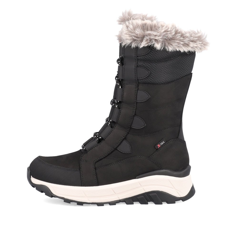 Black Rieker women´s lace-up boots W0070-00 with RiekerTEX technology. Outside of the shoe.