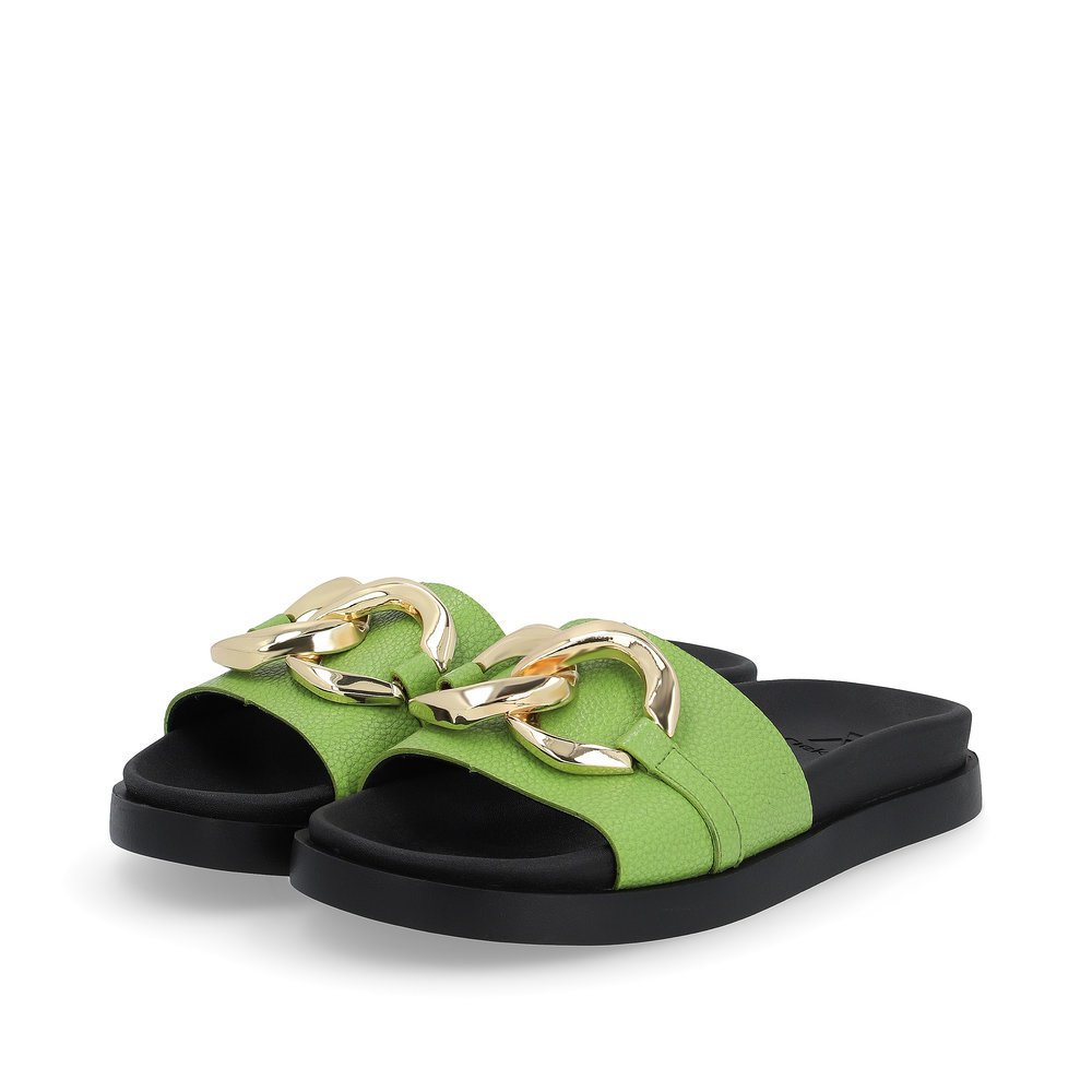 Green Rieker women´s mules W1452-52 with an ultra light and cushioning sole. Shoes laterally.