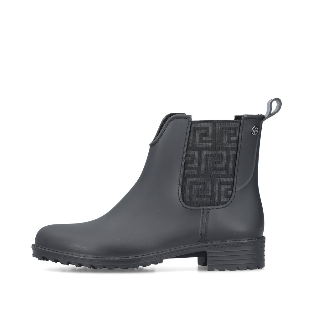 Asphaltschwarze Rieker Damen Chelsea Boots P8260-00 mit Elastikeinsatz. Schuh Außenseite.