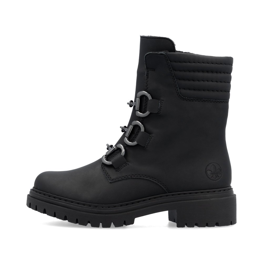 Jet black Rieker women´s biker boots 72650-01 with a decorative elements. Outside of the shoe.