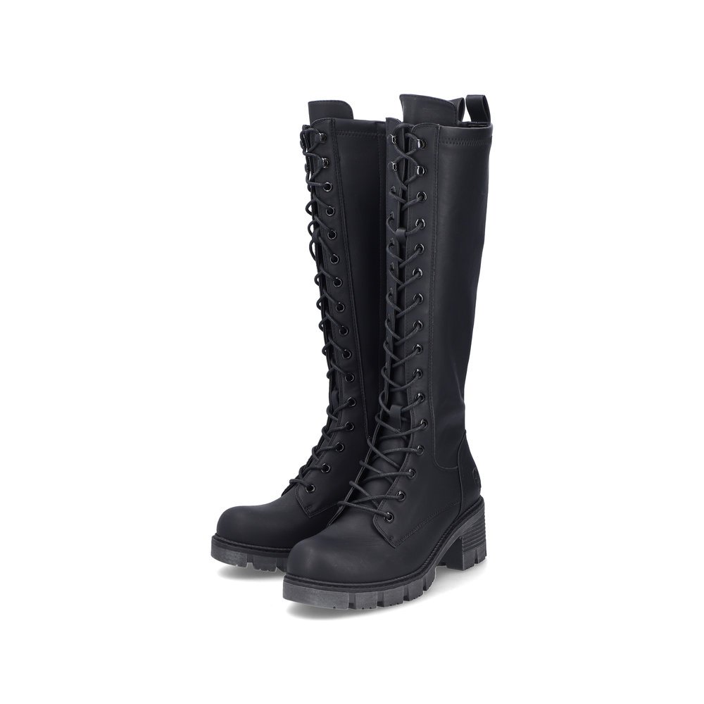 Night black Rieker women´s high boots 92044-00 with a zipper. Shoes laterally.