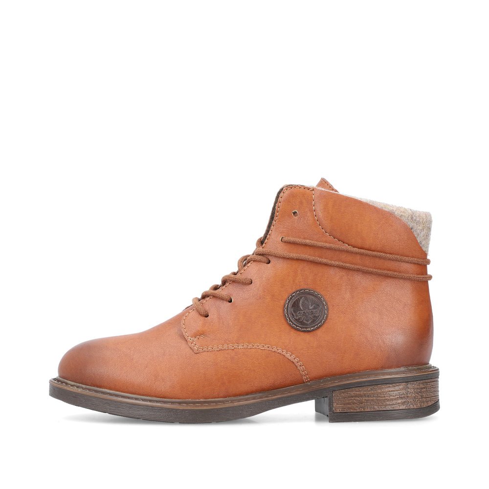 Bottes à lacets Rieker marron pour femme 71440-25 avec logo rond. Côté extérieur de la chaussure.