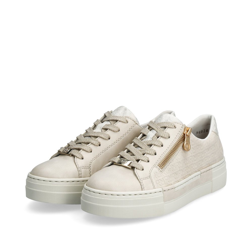 Off-white Rieker women´s low-top sneakers N4914-80 with a zipper. Shoes laterally.