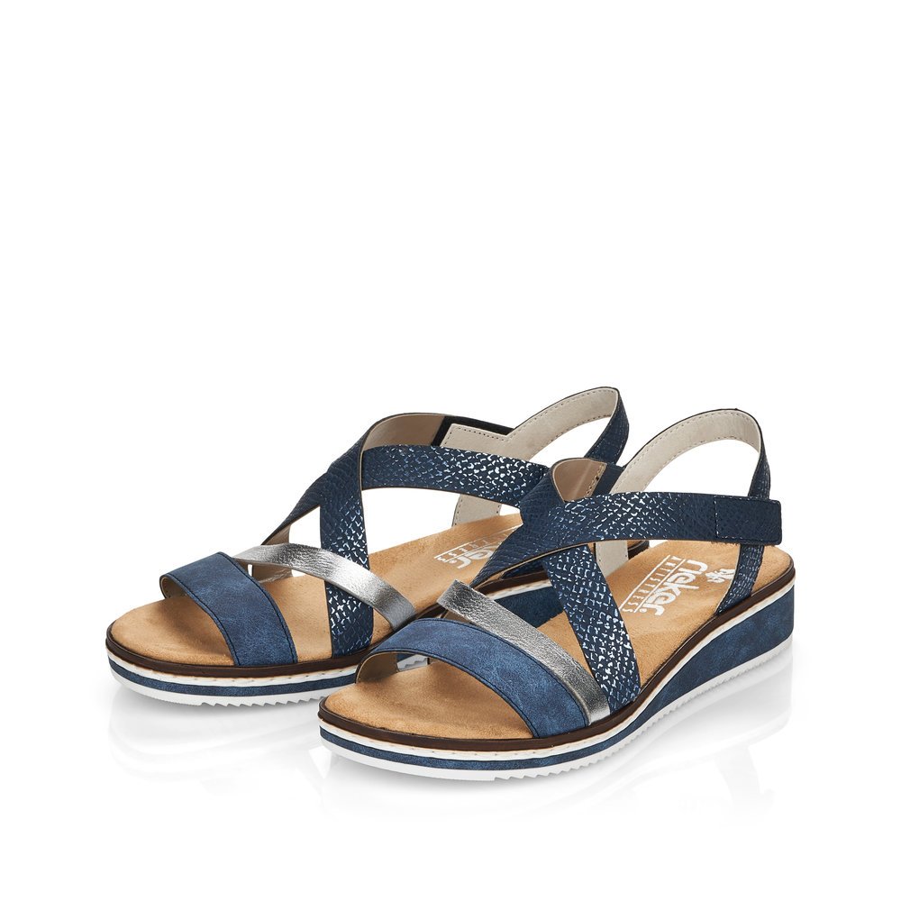 Slate blue Rieker women´s wedge sandals V3663-14 with a hook and loop fastener. Shoes laterally.