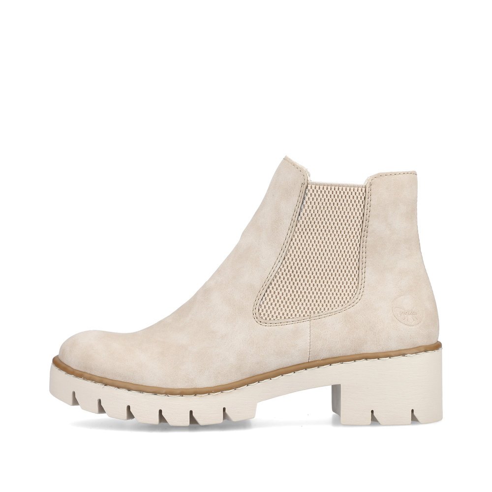 Hellbeige Rieker Damen Chelsea Boots X5772-60 mit einem Reißverschluss. Schuh Außenseite.