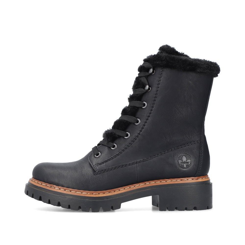 Black Rieker women´s lace-up boots 72625-00 with furry shaft edge as well as zipper. Outside of the shoe.