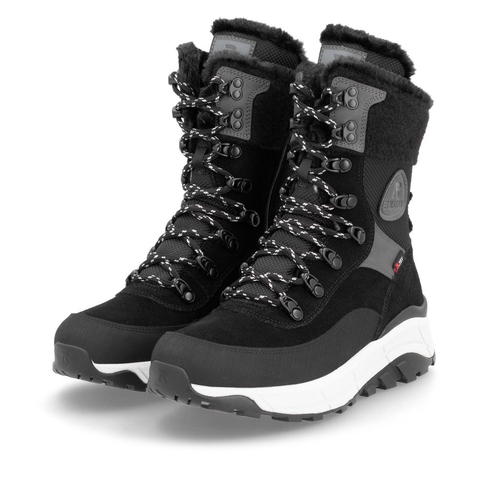 Black Rieker women´s lace-up boots W0066-00 with RiekerTEX technology. Shoes laterally.