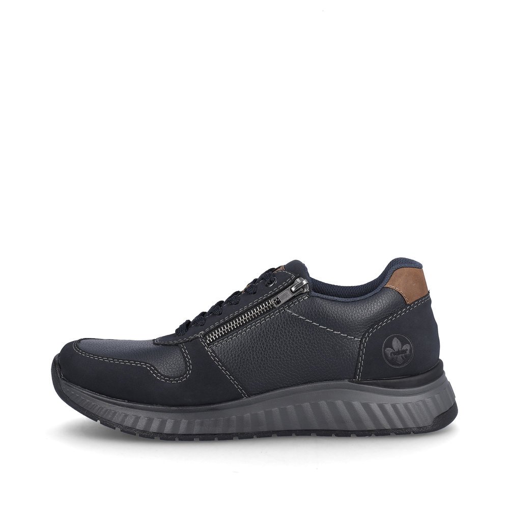 Navy blue Rieker men´s low-top sneakers B0613-14 with a zipper. Outside of the shoe.