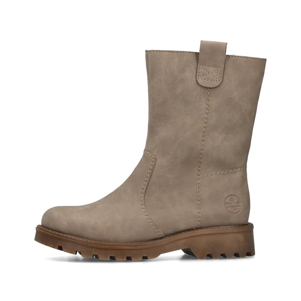 Cream beige Rieker women´s ankle boots 73290-65 with a zipper. Outside of the shoe.