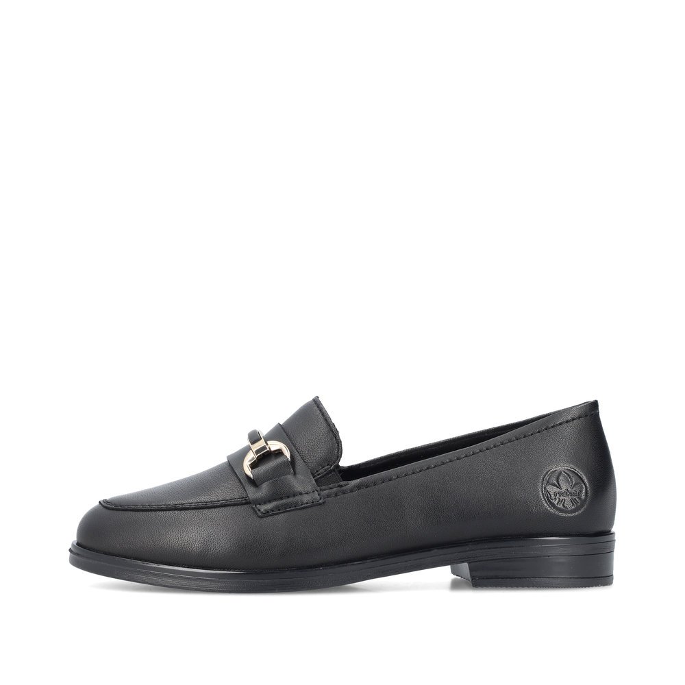 Night black Rieker women´s loafers 46262-01 with a decorative element. Outside of the shoe.