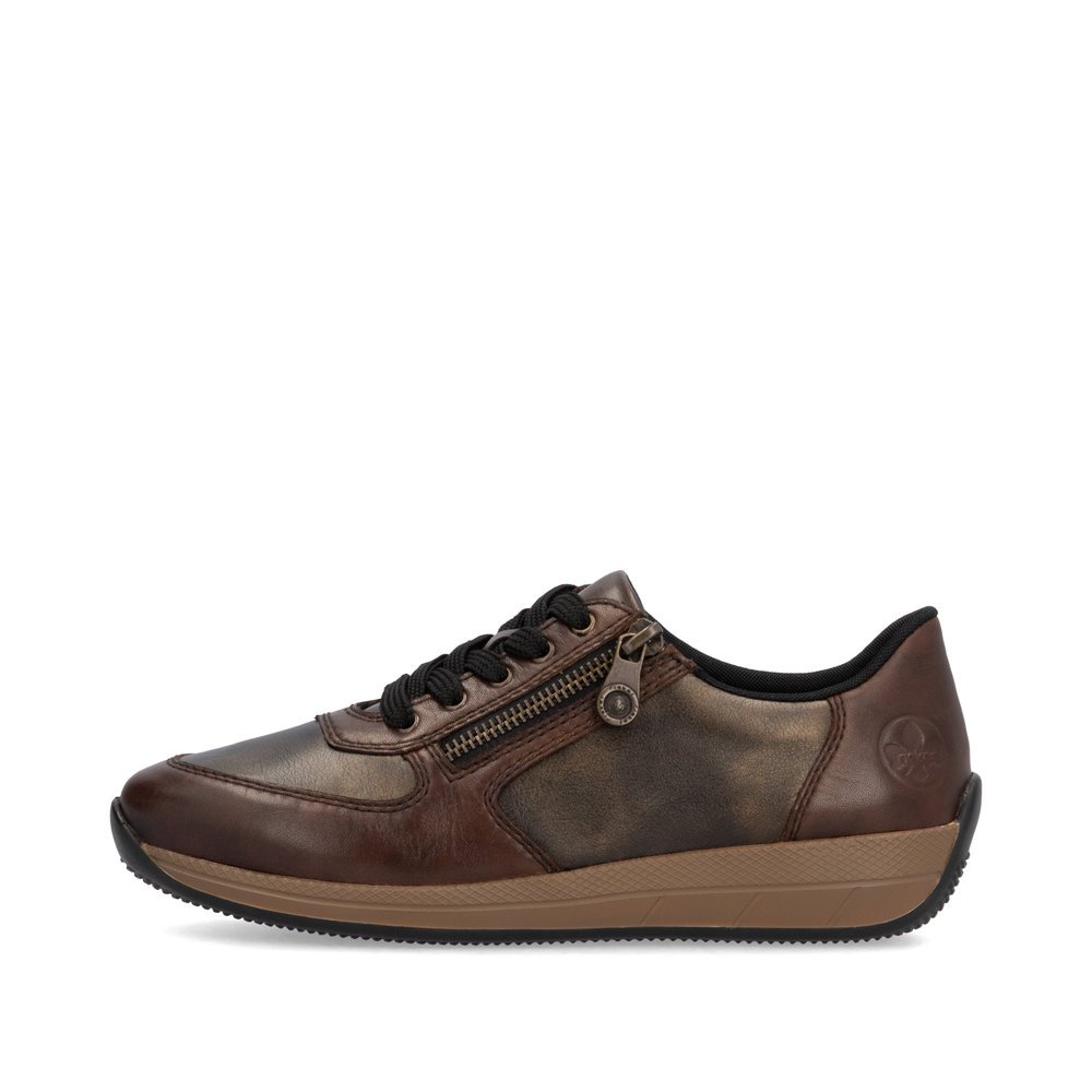 Chaussures à lacets Rieker marron femme N1112-25 avec finition bronze. Côté extérieur de la chaussure.