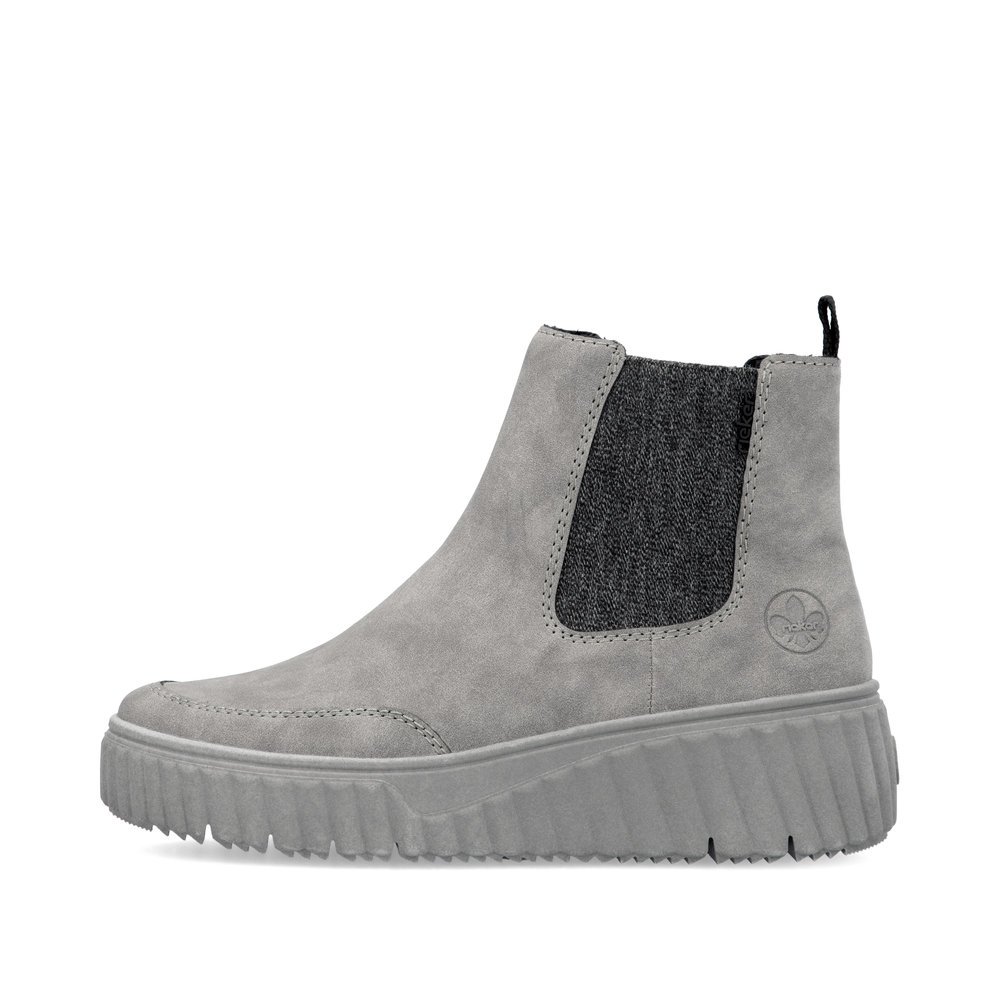 Mondgraue Rieker Damen Chelsea Boots N2553-40 mit einem Reißverschluss. Schuh Außenseite.