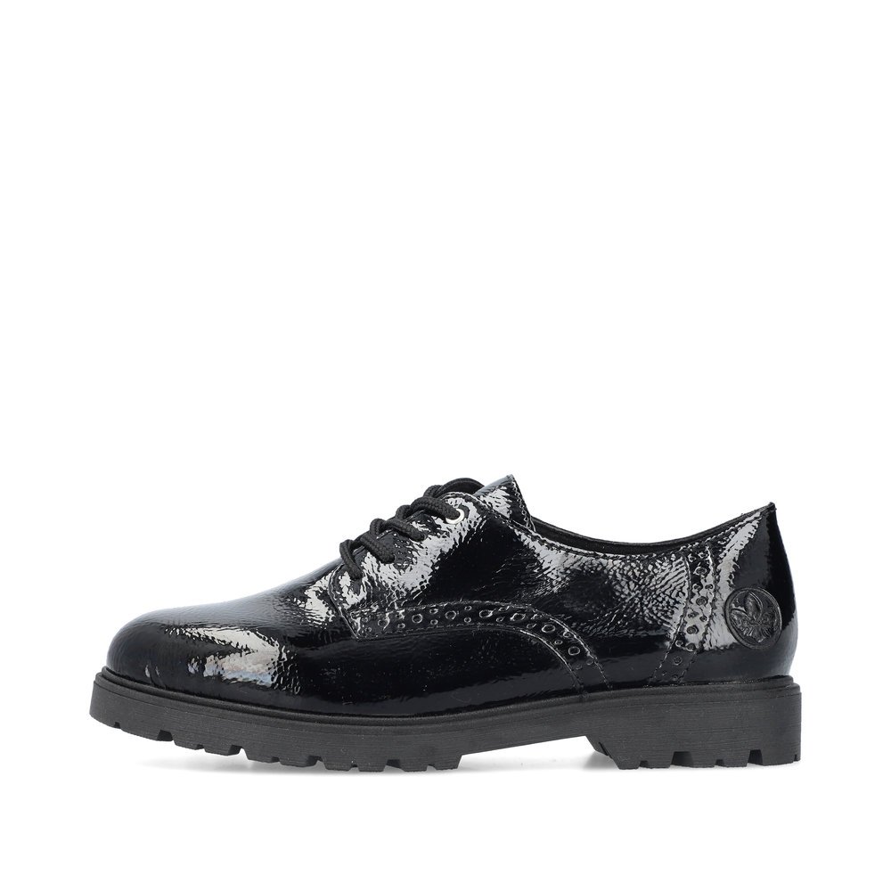 Jet black Rieker women´s lace-up shoes 45502-00 with an extra soft cover sole. Outside of the shoe.