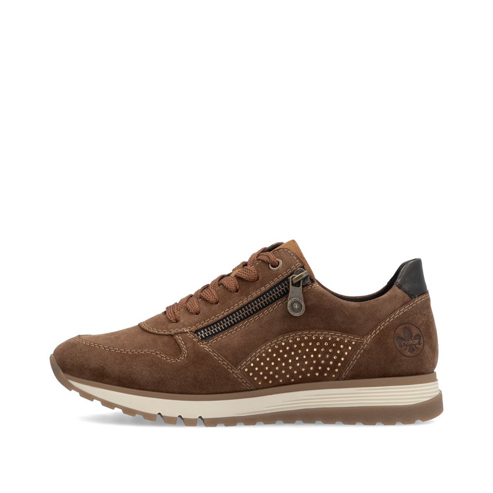 Brown Rieker women´s low-top sneakers 49001-24 with zipper as well as extra width H. Outside of the shoe.