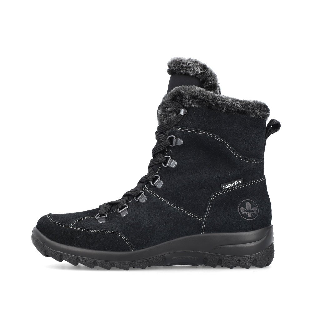 Jet black Rieker women´s lace-up boots L7145-00 with RiekerTEX technology. Outside of the shoe.