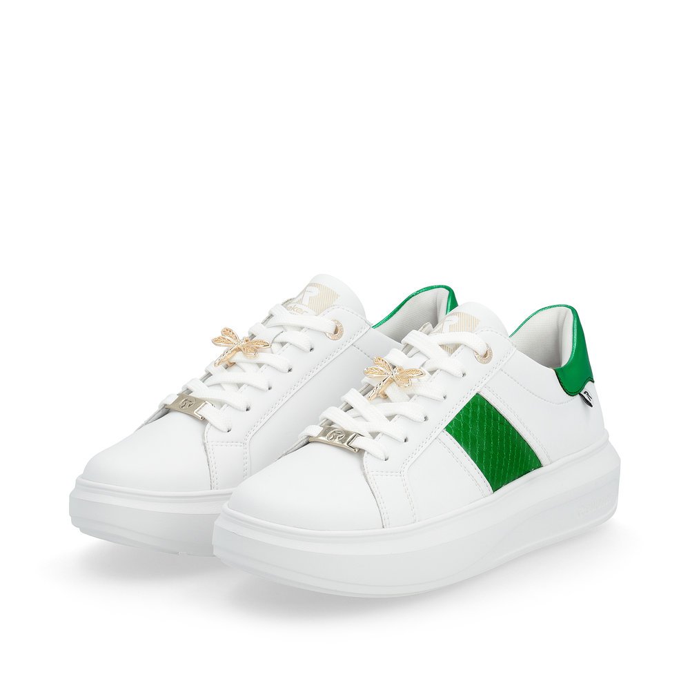 White Rieker women´s low-top sneakers W1202-81 with a flexible and ultra light sole. Shoes laterally.