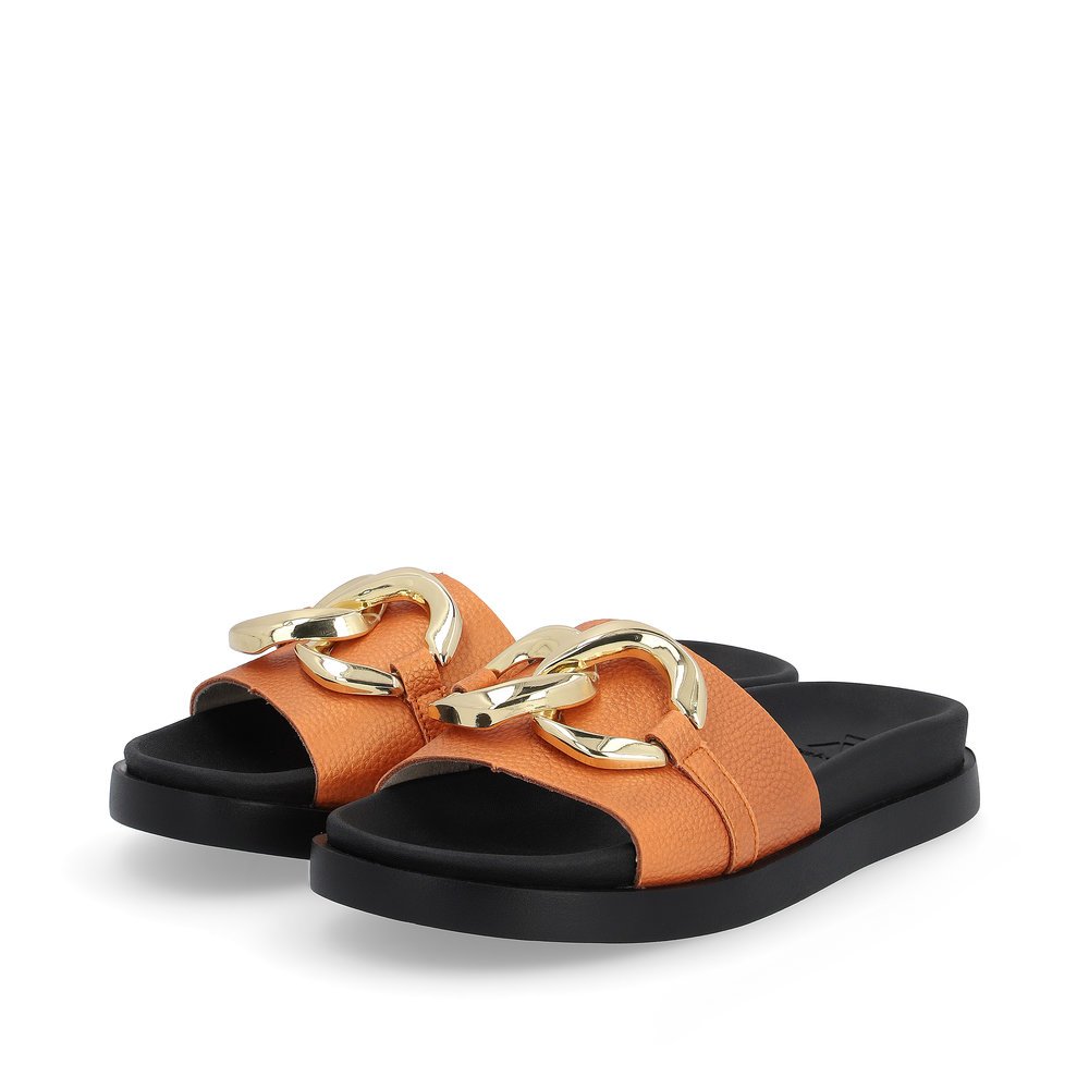 Orange Rieker women´s mules W1452-38 with an ultra light and cushioning sole. Shoes laterally.