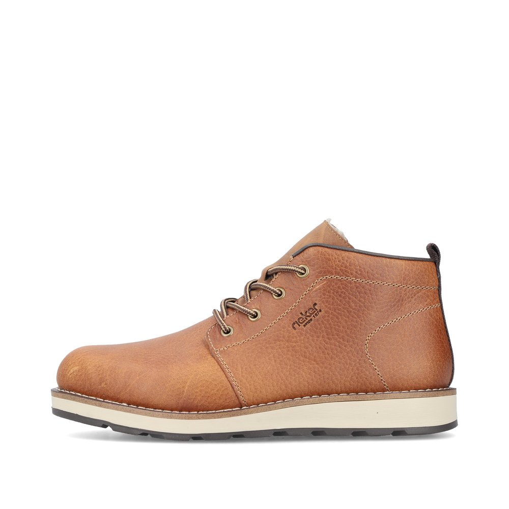 Caramel brown Rieker men´s lace-up boots 30011-22 with a zipper. Outside of the shoe.