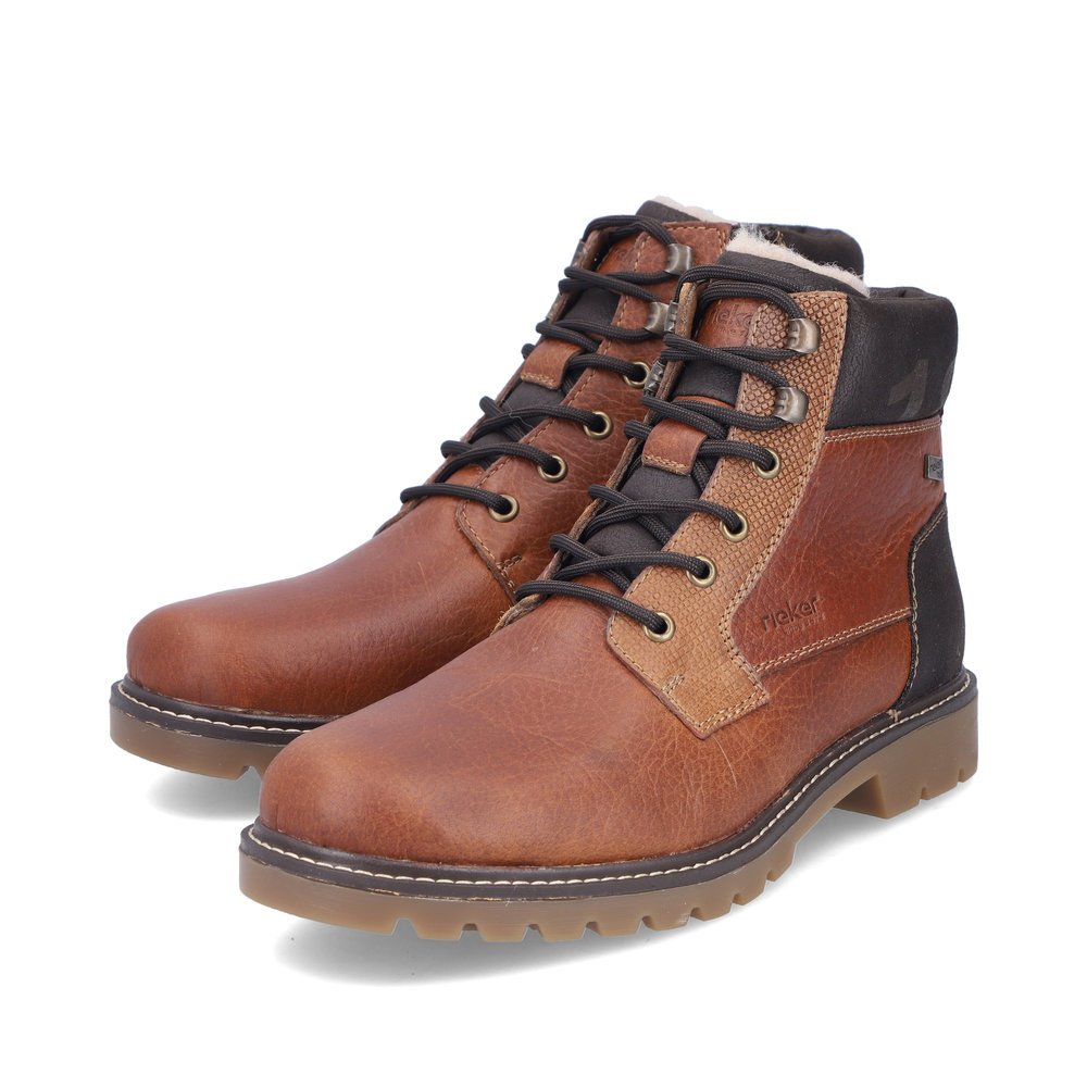 Brown Rieker men´s lace-up boots 38832-22 with RiekerTEX membrane as well as zipper. Shoes laterally.