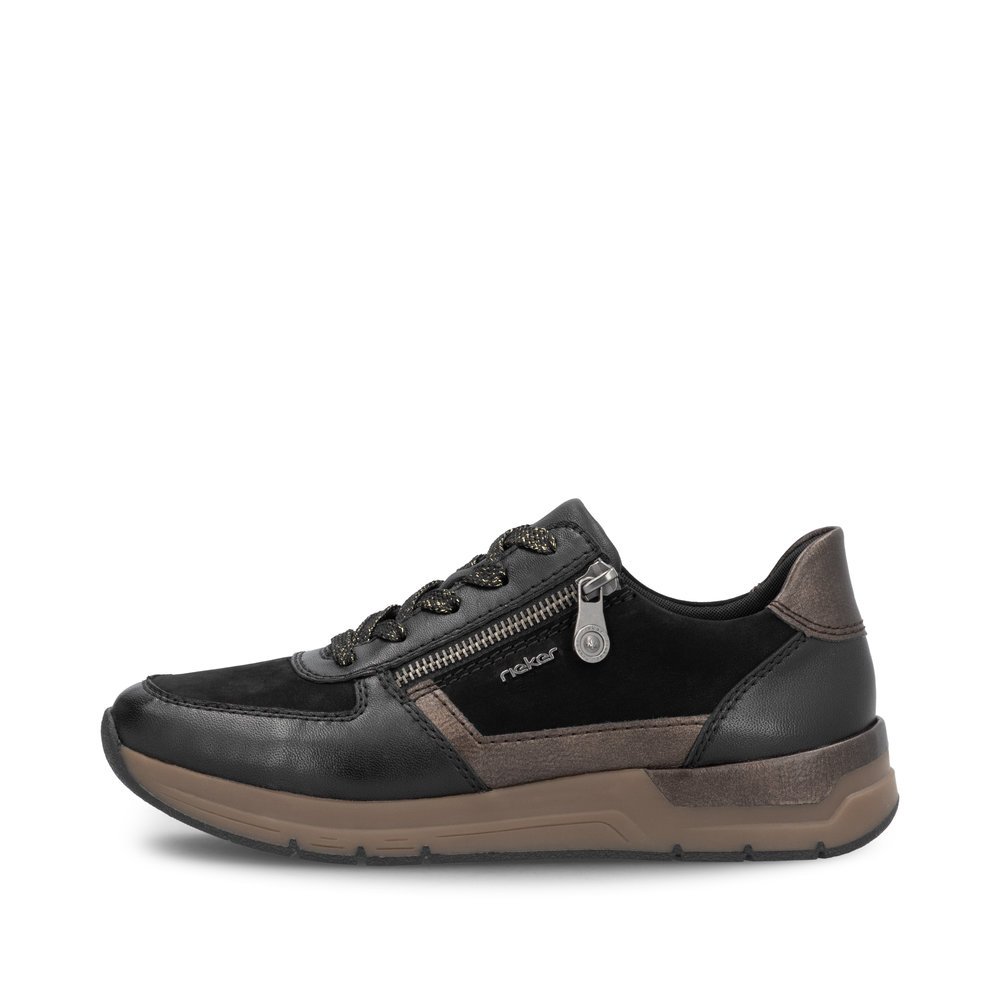 Black Rieker women´s low-top sneakers 58902-00 with zipper as well as padded insole. Outside of the shoe.