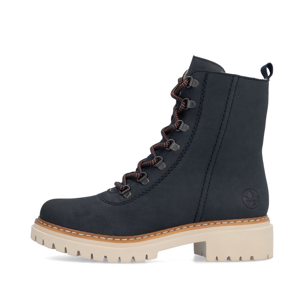 Bottes à lacets Rieker bleues pour femme 72643-14 avec fermeture éclair. Côté extérieur de la chaussure.