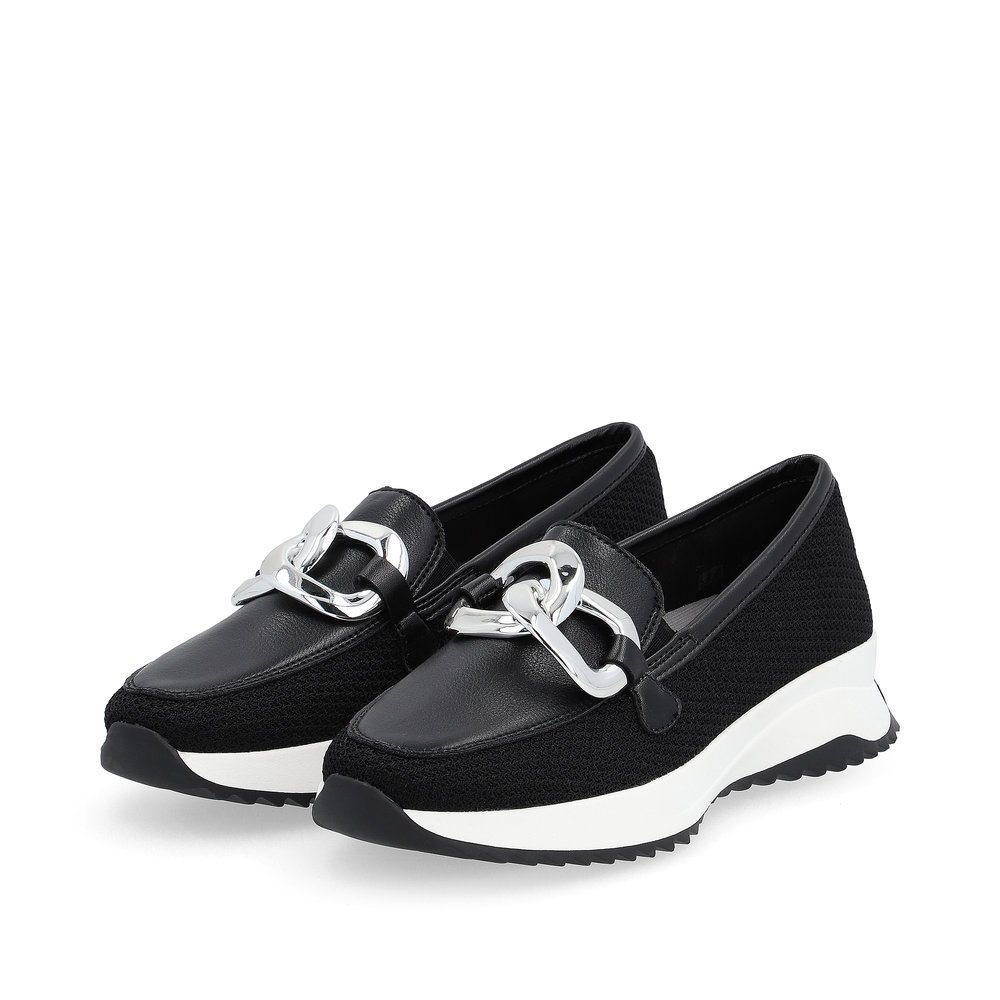 Black Rieker women´s loafers W1303-00 with durable sole as well as removable insole. Shoes laterally.