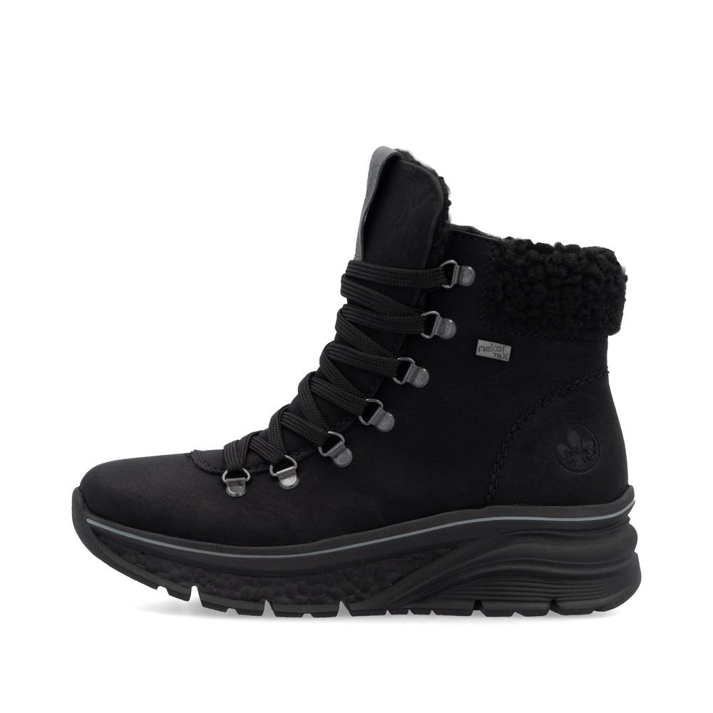 Jet black Rieker women´s lace-up boots 48034-00 with RiekerTEX technology. Outside of the shoe.