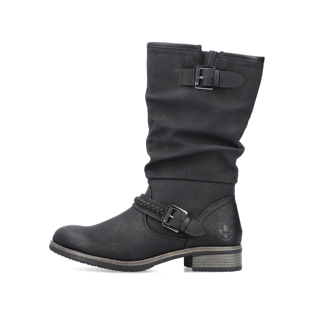 Black Rieker women´s ankle boots 98860-00 with decorative buckles as well as zipper. Outside of the shoe.