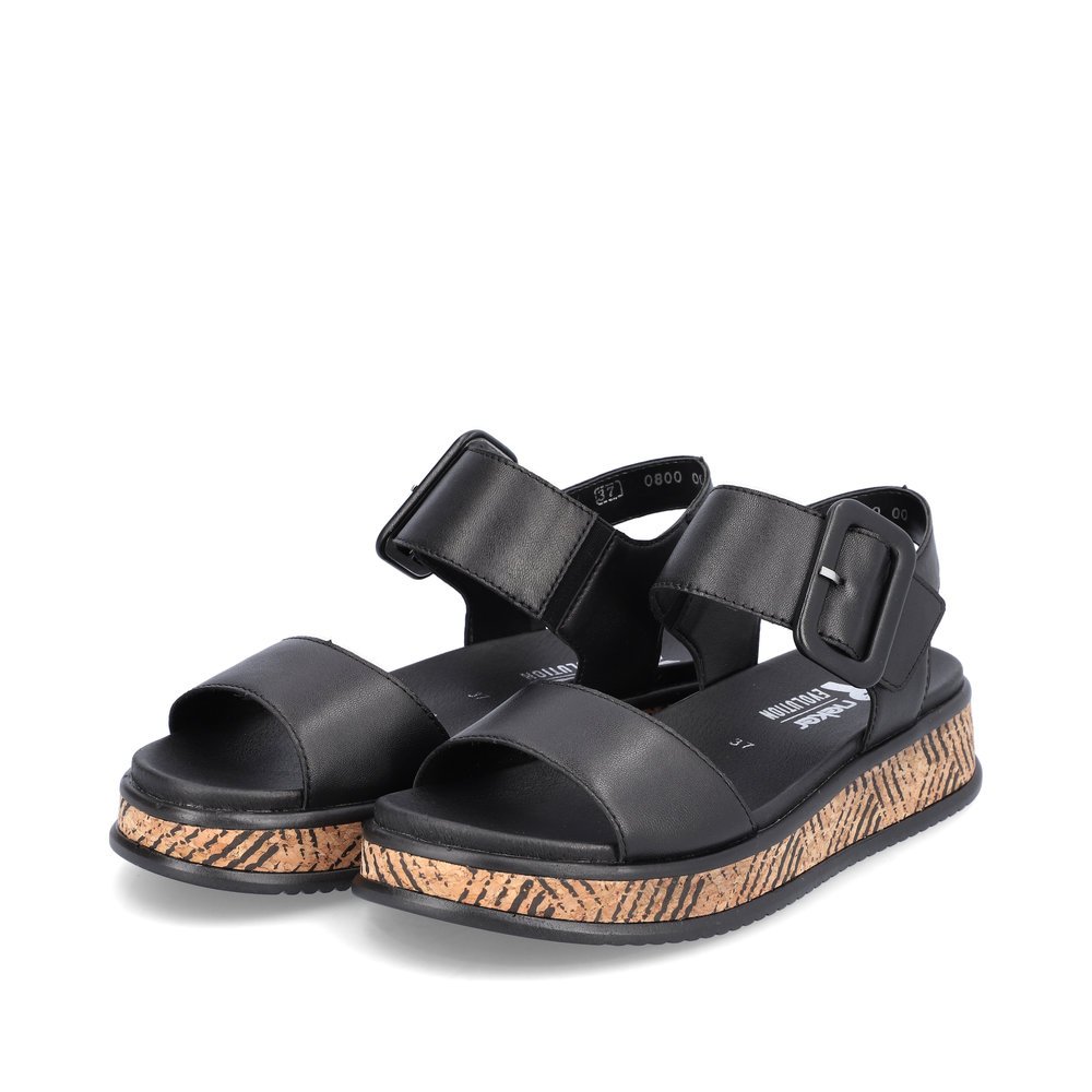 Black Rieker women´s strap sandals W0800-00 with an ultra light platform sole. Shoes laterally.
