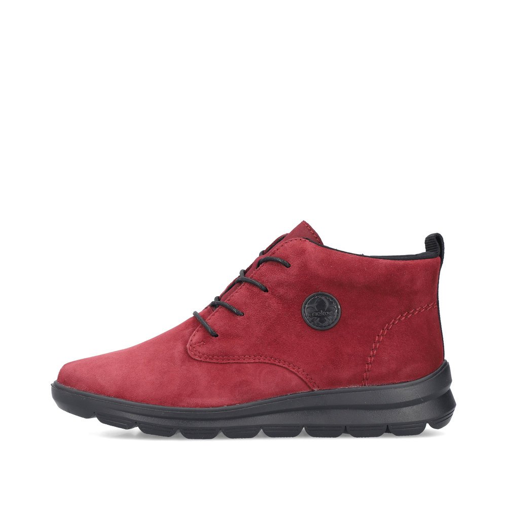 Chaussures à lacets Rieker rouges femme Z0022-36 avec fermeture éclair. Côté extérieur de la chaussure.