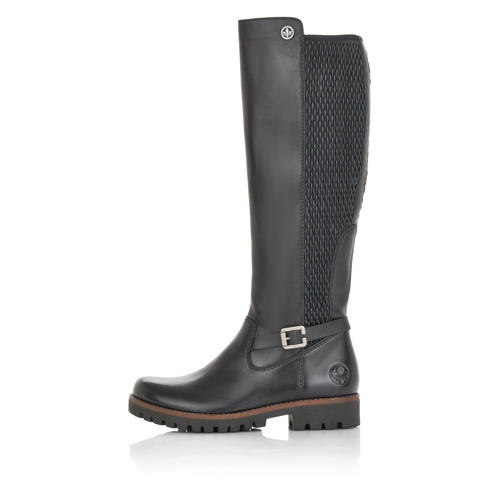 Black Rieker women´s high boots 78592-00 with a decorative buckle as well as zipper. Outside of the shoe.