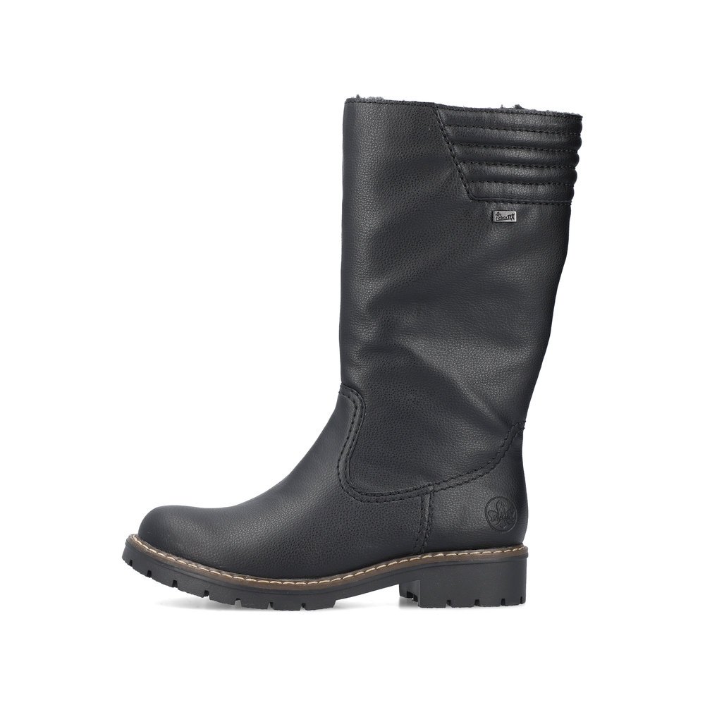 Tiefschwarze Rieker Damen Hochschaftstiefel Y9191-00 mit einem Reißverschluss. Schuh Außenseite.