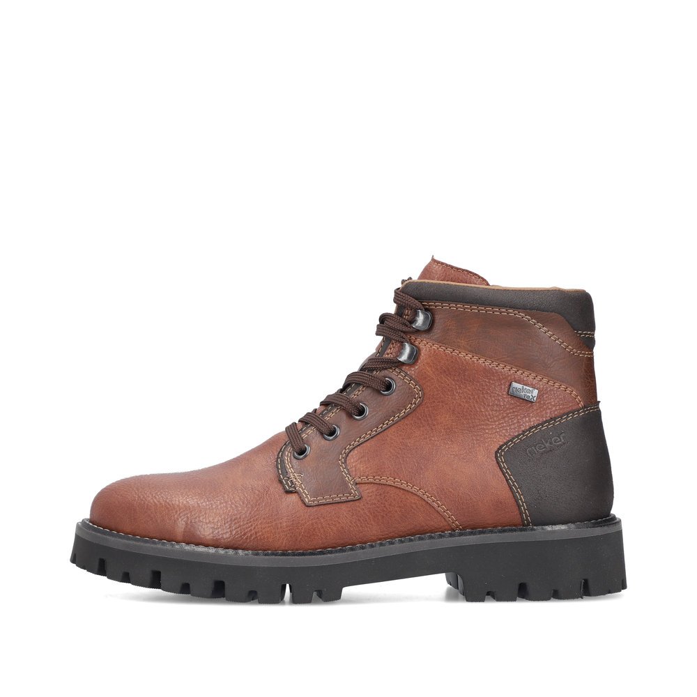 Brown Rieker men´s lace-up boots 30442-24 with RiekerTEX membrane as well as zipper. Outside of the shoe.