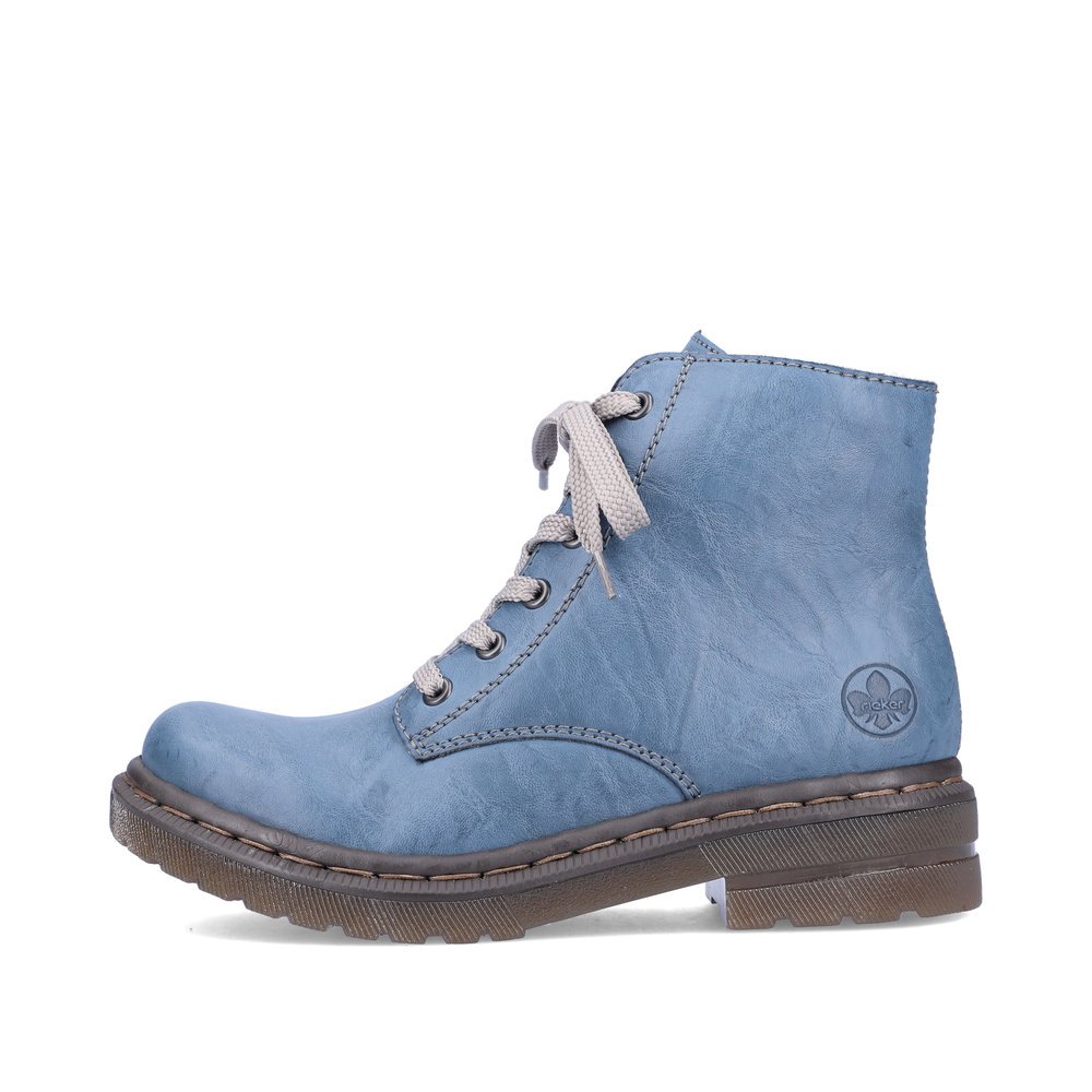 Sky blue Rieker women´s lace-up boots 78240-14 with a zipper. Outside of the shoe.