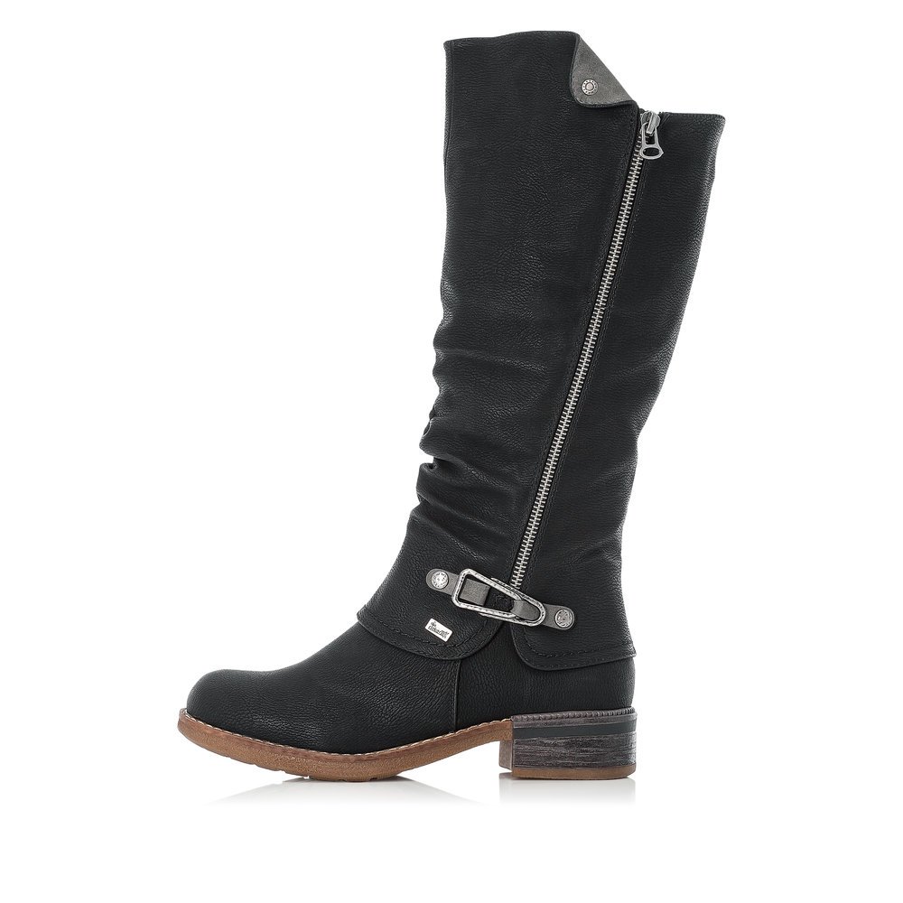 Night black Rieker women´s high boots 94652-00 with RiekerTEX technology. Outside of the shoe.