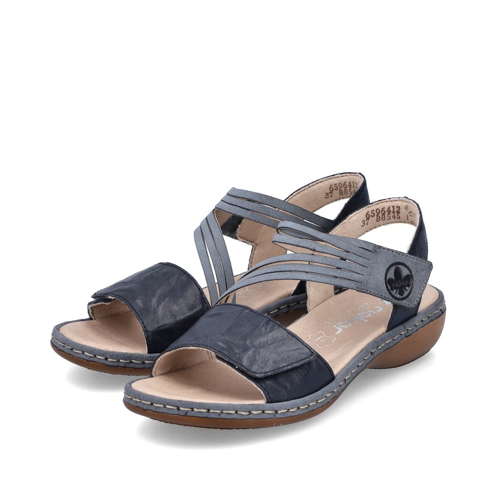 Blue-grey Rieker women´s strap sandals 65964-12 with a hook and loop fastener. Shoes laterally.