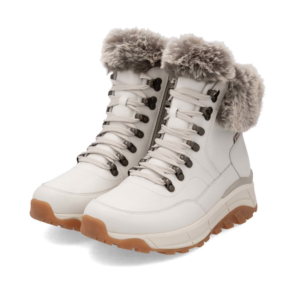 Bottes à lacets Rieker blanches femme W0063-80 avec membrane RiekerTEX. Chaussures inclinées sur le côté.