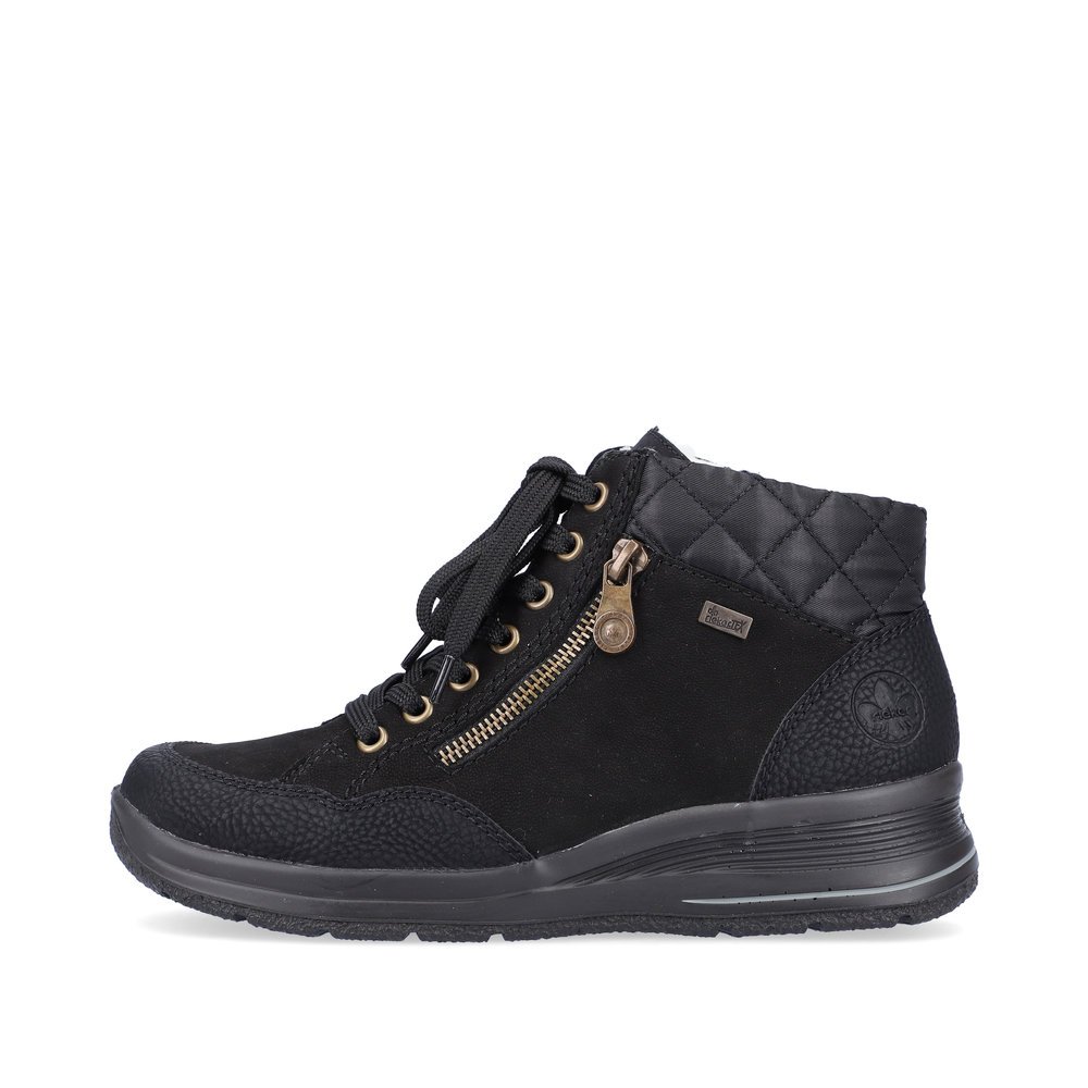 Jet black Rieker women´s lace-up shoes L7701-00 with RiekerTEX technology. Outside of the shoe.