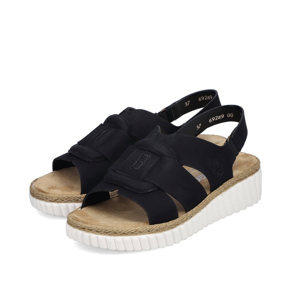 Black Rieker women´s wedge sandals 69289-00 with an elastic insert. Shoes laterally.