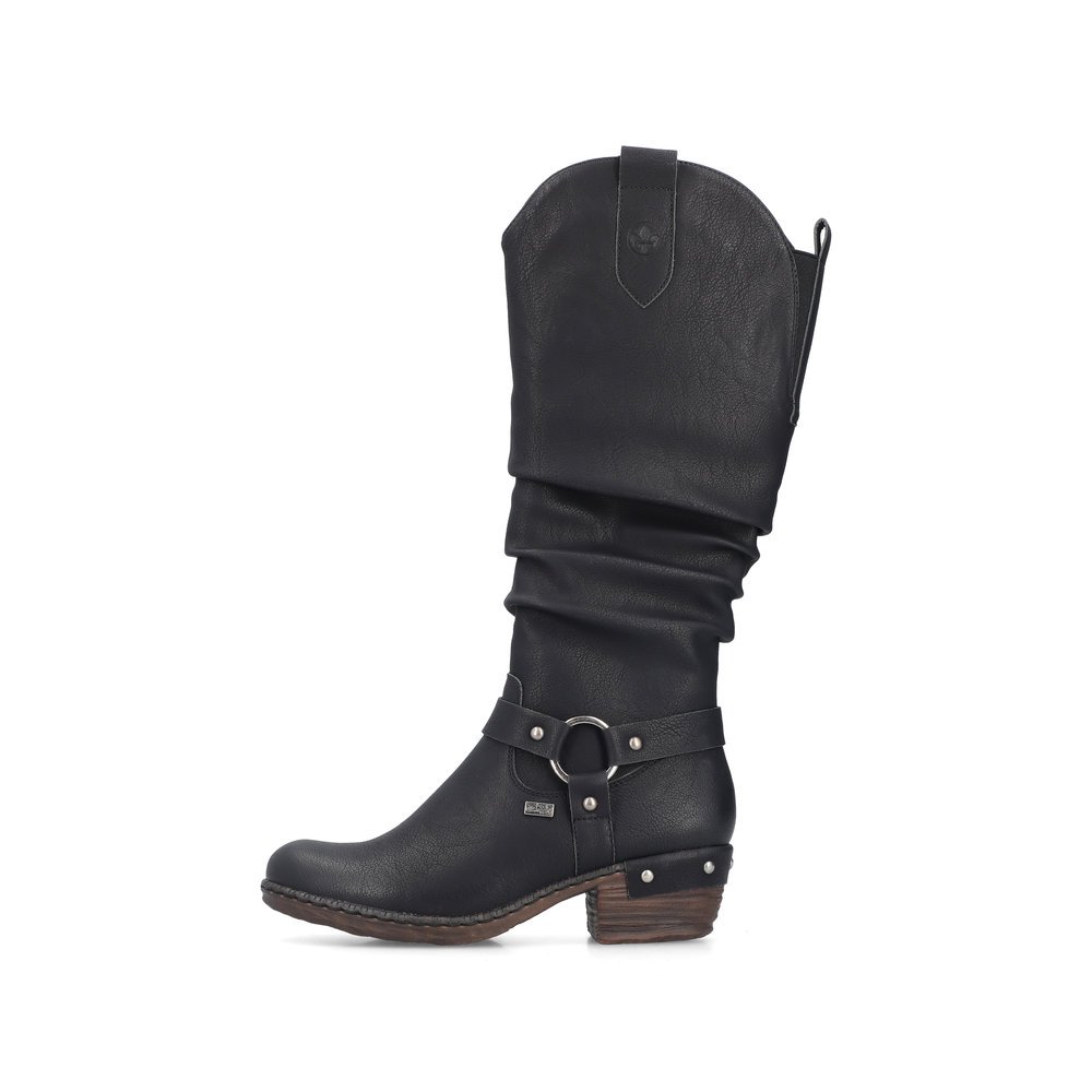 Night black Rieker women´s high boots 93670-00 with RiekerTEX technology. Outside of the shoe.