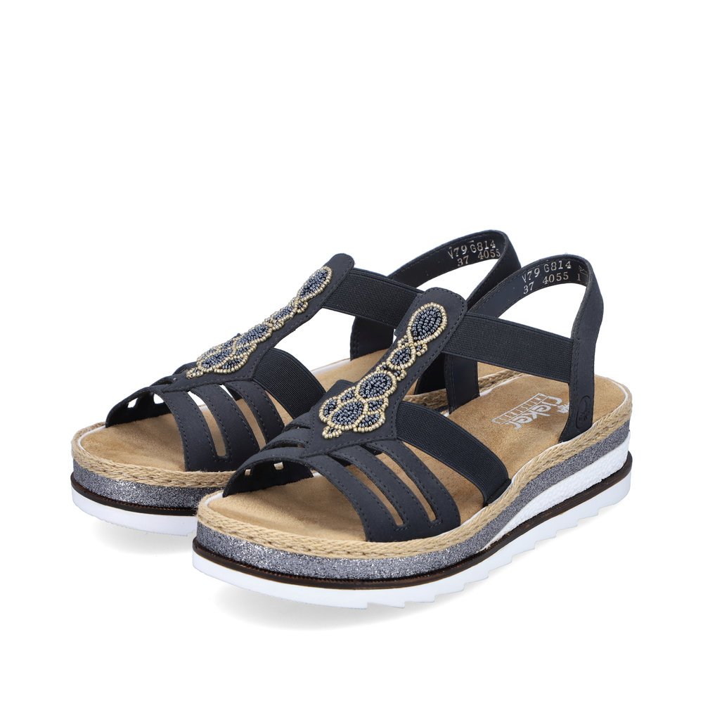 Steel blue Rieker women´s wedge sandals V79G8-14 with an elastic insert. Shoes laterally.