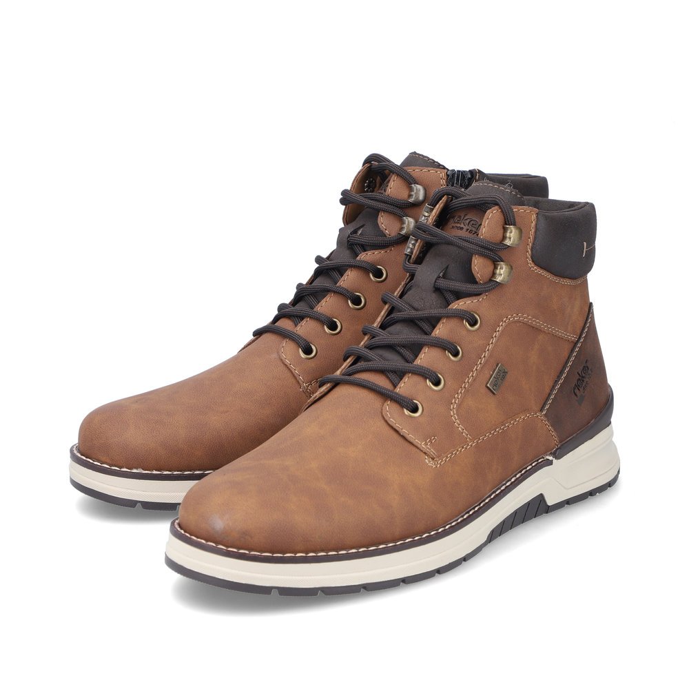 Brown Rieker men´s lace-up boots 32330-24 with RiekerTEX membrane as well as zipper. Shoes laterally.