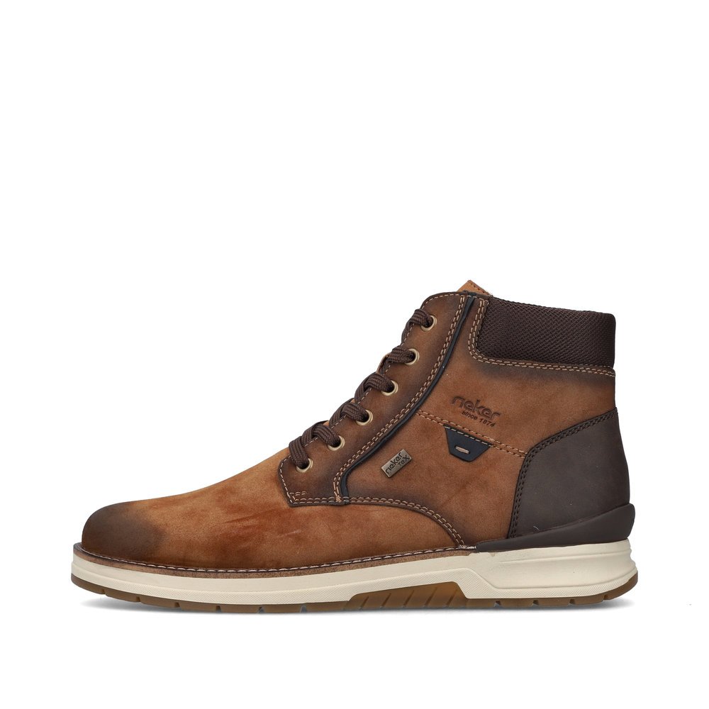 Brown Rieker men´s lace-up boots 32332-24 with RiekerTEX membrane as well as zipper. Outside of the shoe.