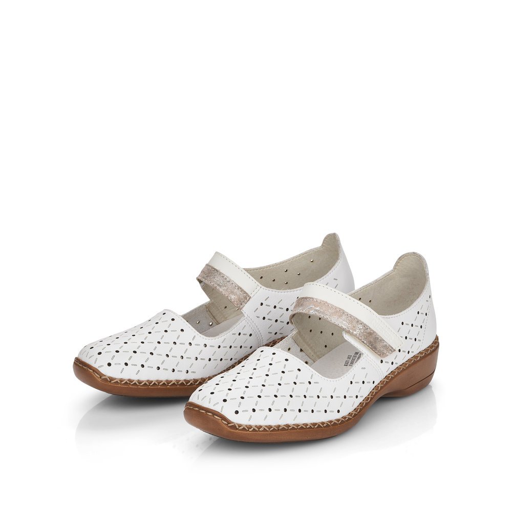 Snow white Rieker women´s ballerinas 41389-80 with a hook and loop fastener. Shoes laterally.
