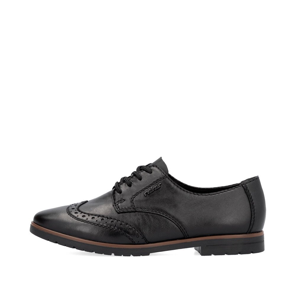 Jet black Rieker women´s lace-up shoes 45304-00 with slim fit E 1/2. Outside of the shoe.