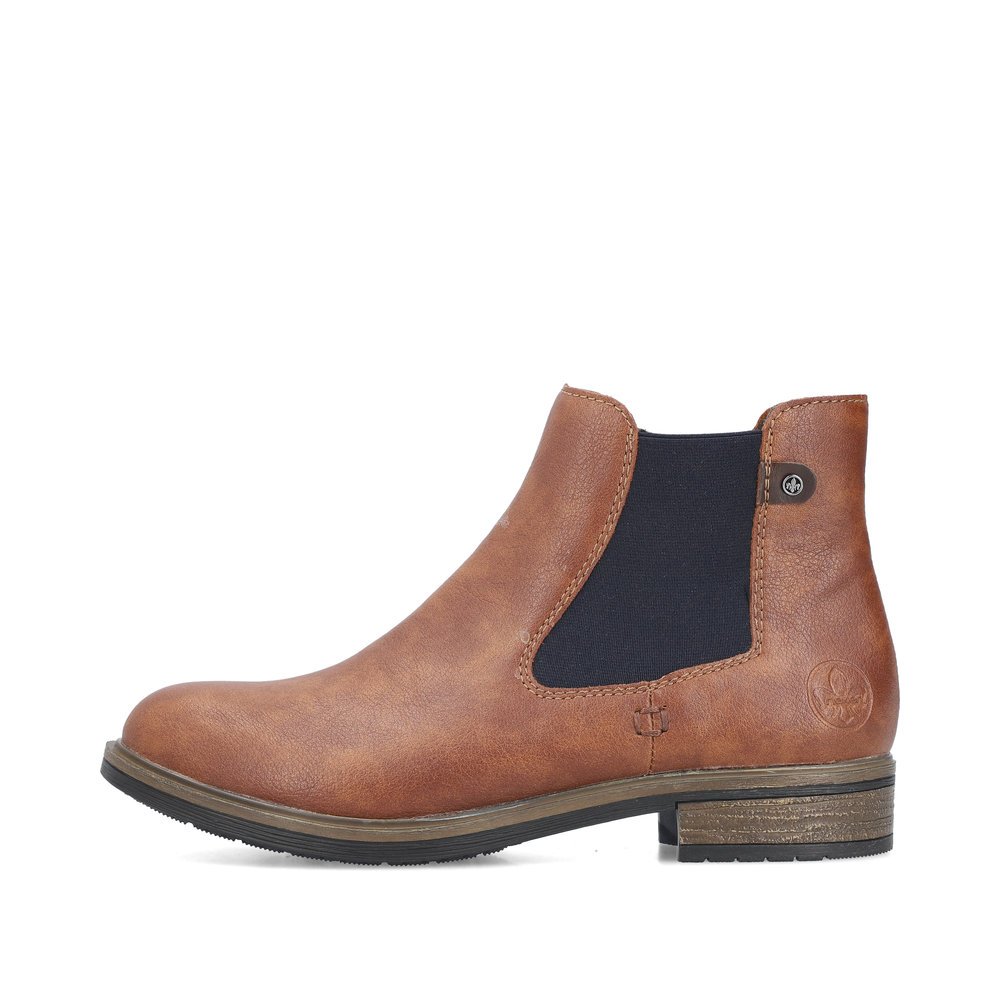 Nougatbraune Rieker Damen Chelsea Boots 72254-24 mit einem Reißverschluss. Schuh Außenseite.